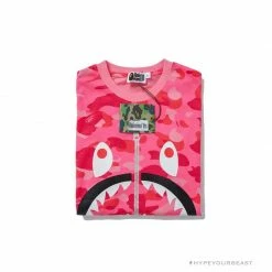 Hypeyourbeast BAPE Pink Camouflage Shark Head Fake Zipper Tee Shirt