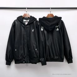 Hypeyourbeast OFF-WHITE 20FW New Logo Hooded Leather Jacket Black Hoodies & Jackets