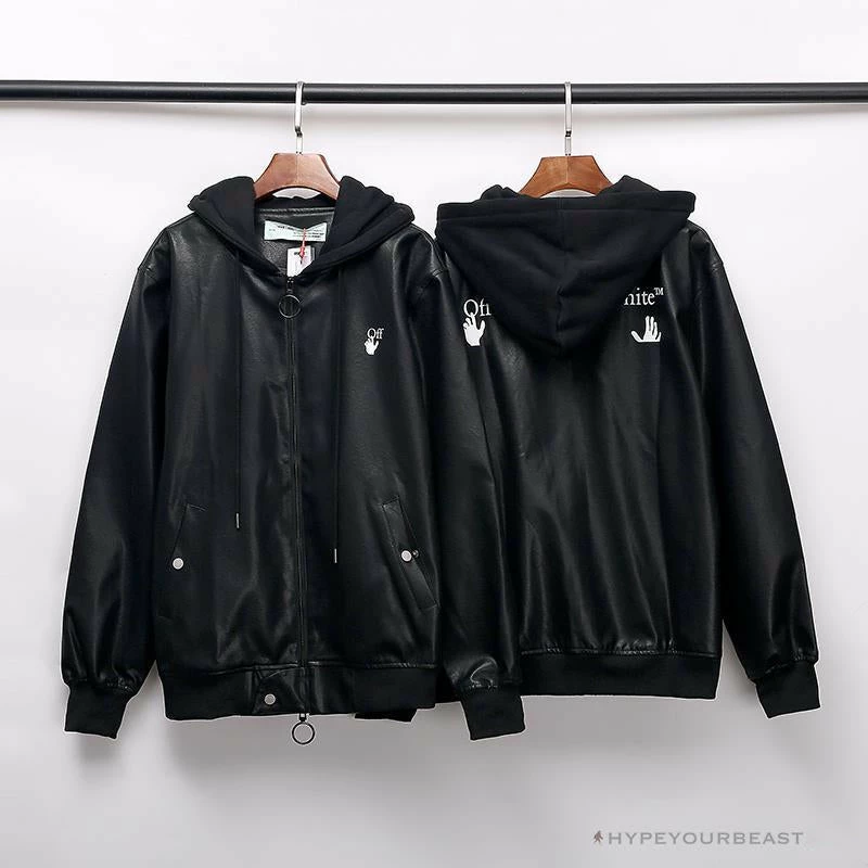 Hypeyourbeast OFF-WHITE 20FW New Logo Hooded Leather Jacket Black Hoodies & Jackets 2 Hypeyourbeast OFF-WHITE 20FW New Logo Hooded Leather Jacket Black Hoodies & Jackets
