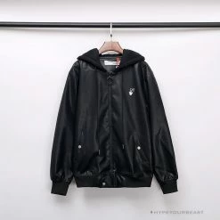 Hypeyourbeast OFF-WHITE 20FW New Logo Hooded Leather Jacket Black Hoodies & Jackets