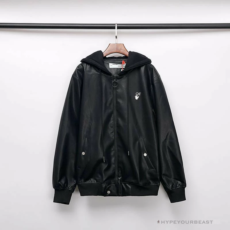 Hypeyourbeast OFF-WHITE 20FW New Logo Hooded Leather Jacket Black Hoodies & Jackets 1 Hypeyourbeast OFF-WHITE 20FW New Logo Hooded Leather Jacket Black Hoodies & Jackets