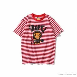 Hypeyourbeast BAPE Baby Milo Rock Bass Player Striped Tee Shirt 'RED' Clothes